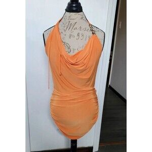 VINTAGE Y2K FANY D USA M Orange Bodycon Halter Going Out Mini Dress Ruched Club
